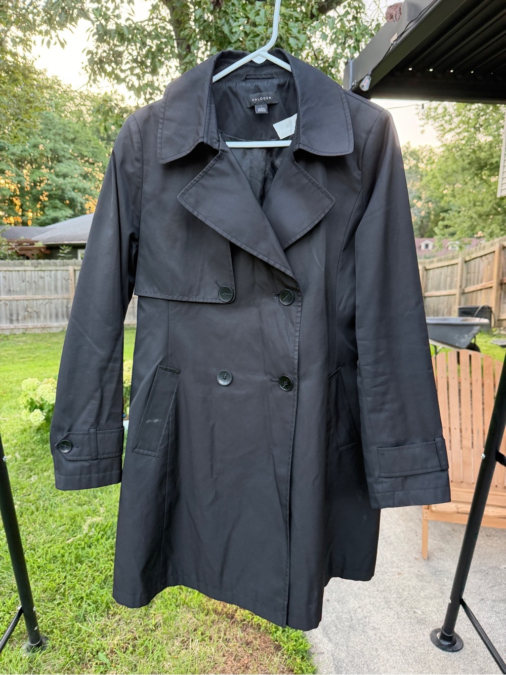 Halogen Quiet Luxury Corp Goth Fitted Double Breasted Trench Coat LARGE in Black